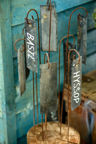 Plant Labels, slate labels hanging on mini crooks, rusty metal